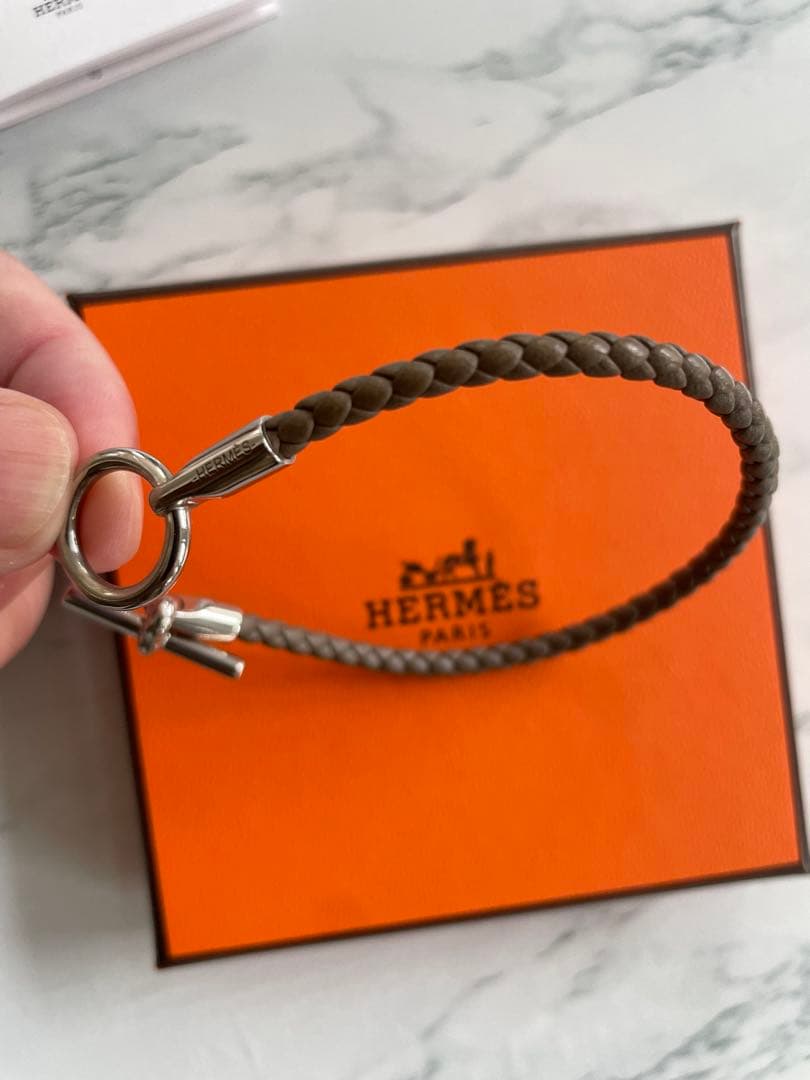 HERMES グレナン ブレスレット グレー×シルバー金具 レザー エトゥープ