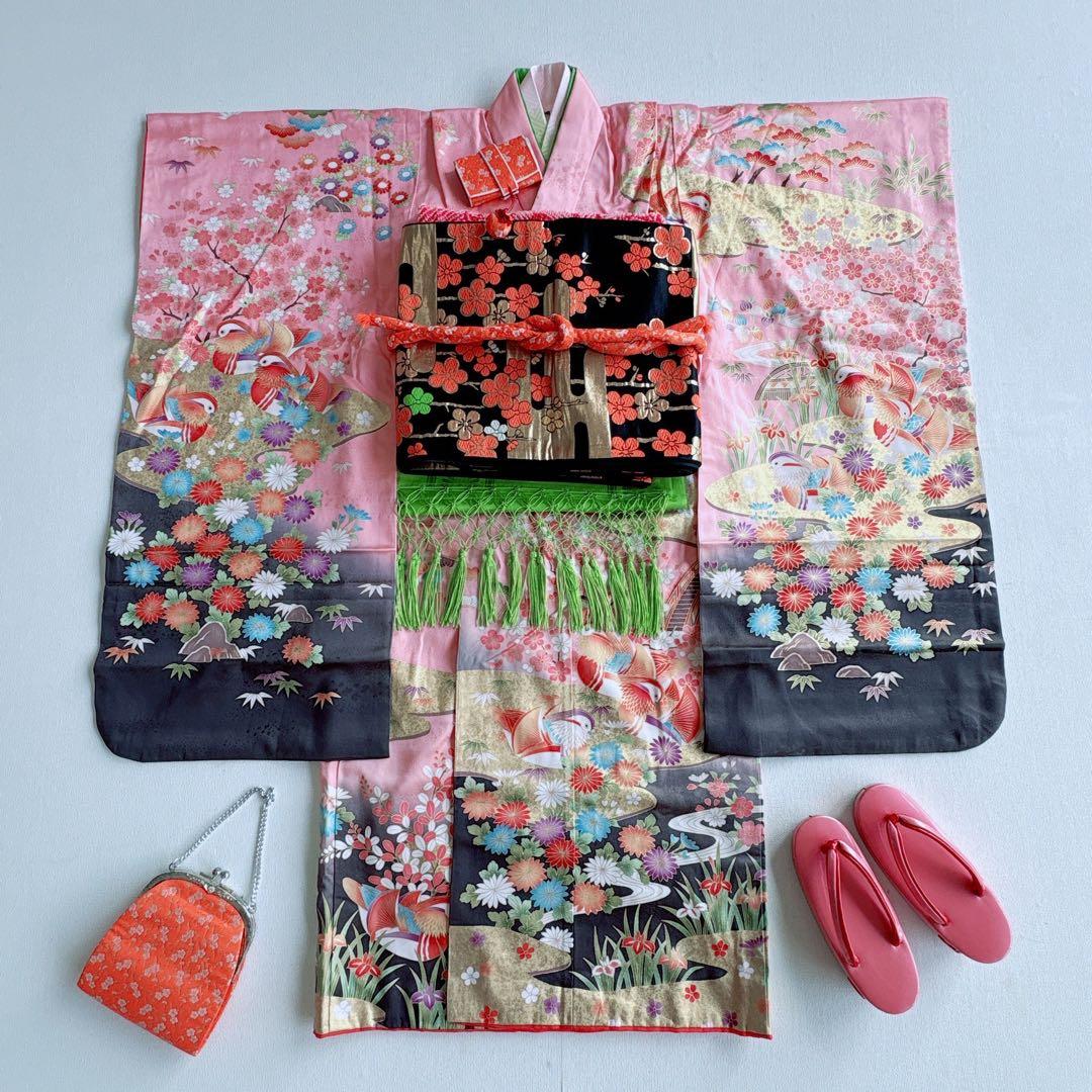 七五三　7歳女の子　フルセット　きものピンク　帯黒地　正絹　簡単半襟　7281