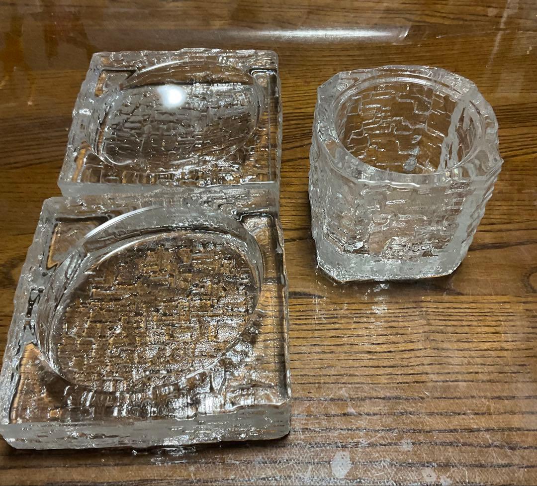 ガラス製　灰皿　四角プレート　ライター入れ3点セット　昭和レトロ
