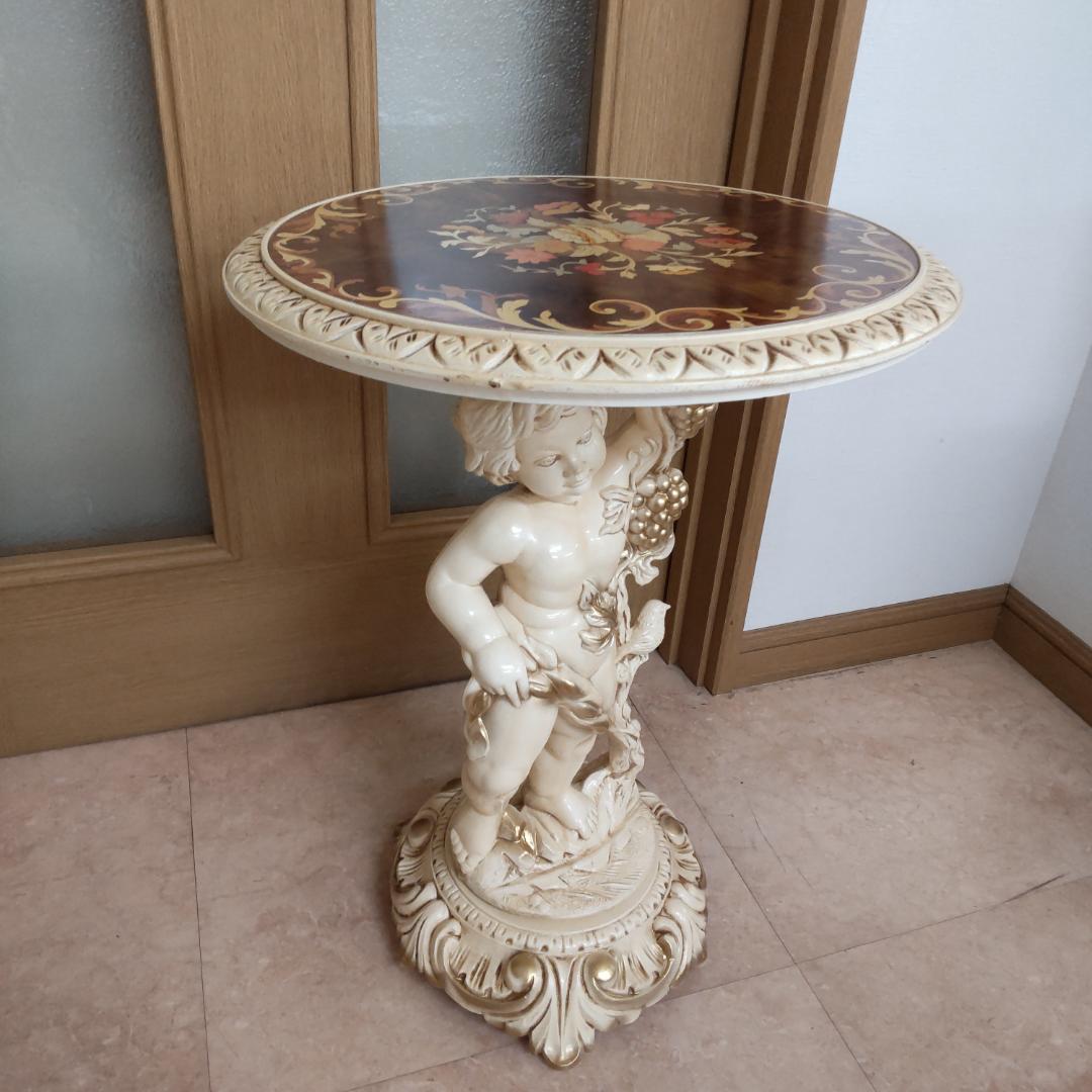 象嵌プリント　西洋アンティーク風　イタリア　サイドテーブル　組み立てテーブル