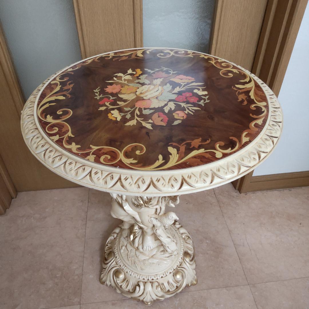 象嵌プリント　西洋アンティーク風　イタリア　サイドテーブル　組み立てテーブル