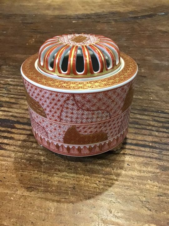 西野昭月　赤絵細密細描小紋香炉　九谷焼