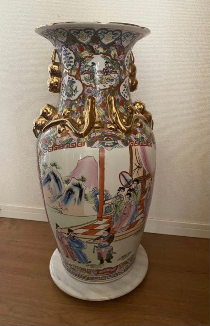 中国古美術 大型雙耳粉彩龍人物花蝶絵高さ62.5cm横幅28cm口径25.5cm