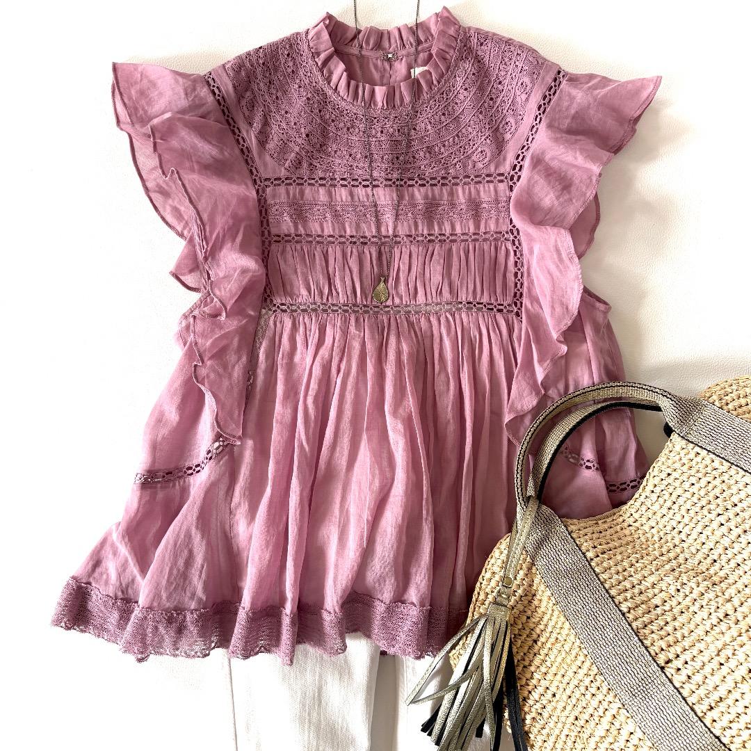 イザベルマランエトワール◆コットンハイネックフリルショートスリーブブラウス