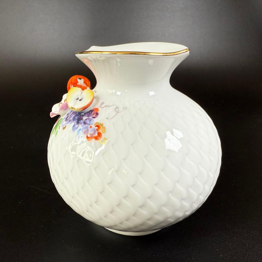 新品 マイセン 波の戯れ フルーツ 林檎 葡萄 貼花 花瓶１点(共箱付)、1級品