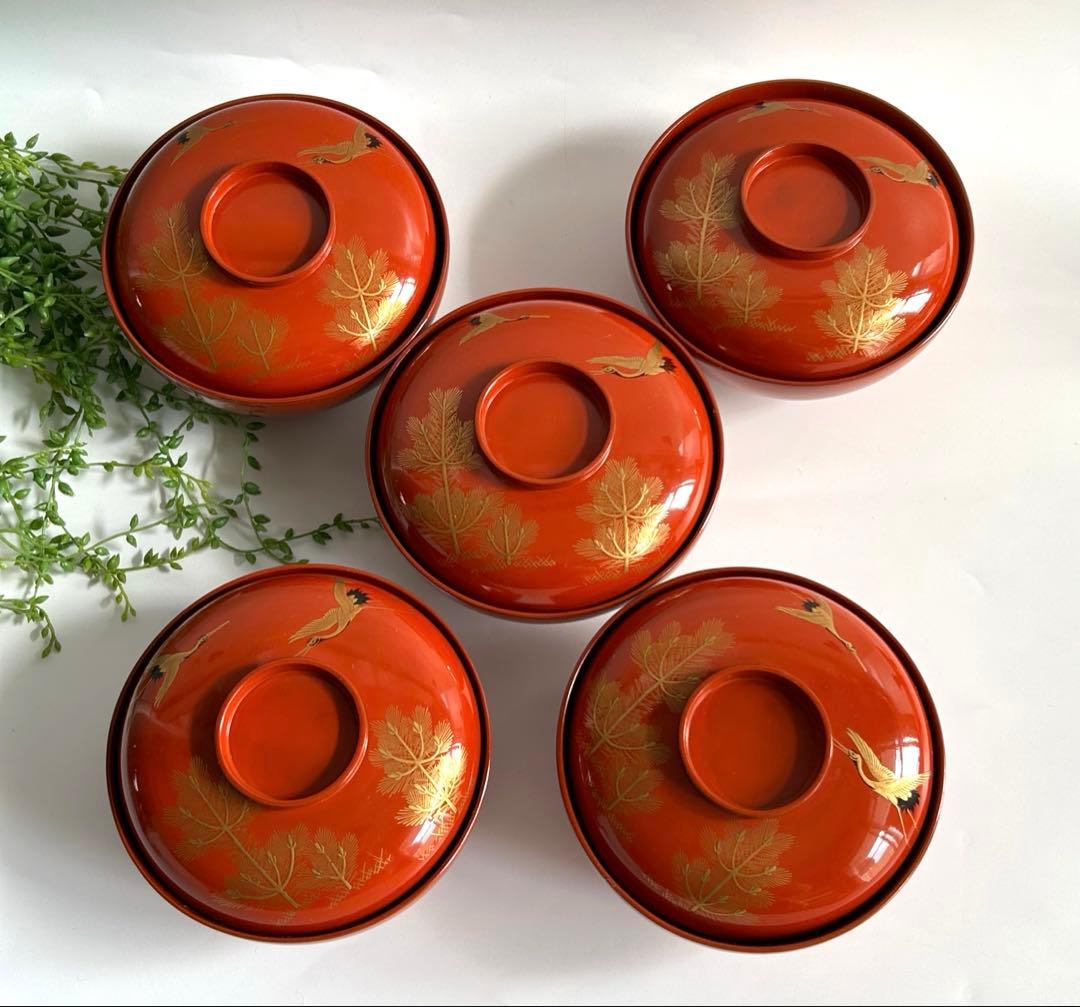 漆器 輪島塗　天然木製 金蒔絵　松と鶴の模様　縁起柄　煮物椀　吸い物椀　蓋付5客