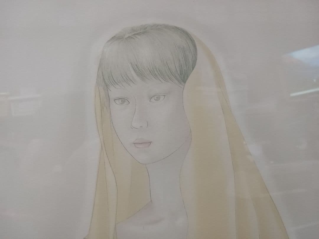 栗原喜依子作　銅版画｛べールの女〕額付　サイン有　ED62/180 箱付　真作