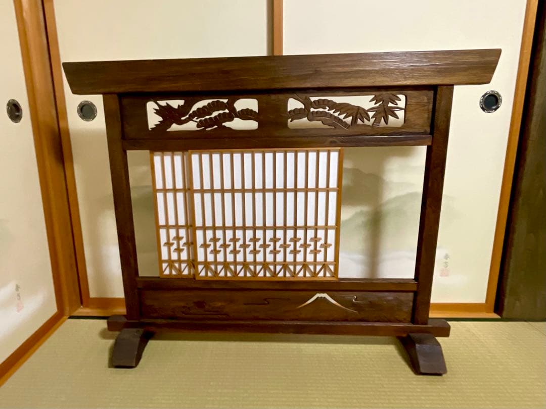 木製 間仕切り 衝立　爛漫 彫刻入り 古家具
