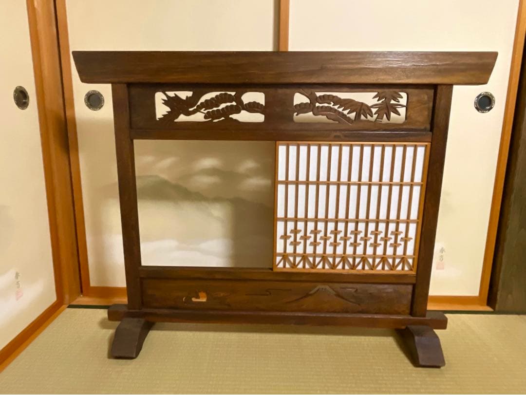木製 間仕切り 衝立　爛漫 彫刻入り 古家具