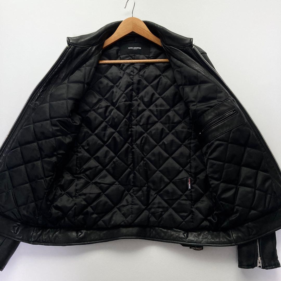 美品 ナノユニバース レザージャケット 羊革 キルティング ブラック 黒 L