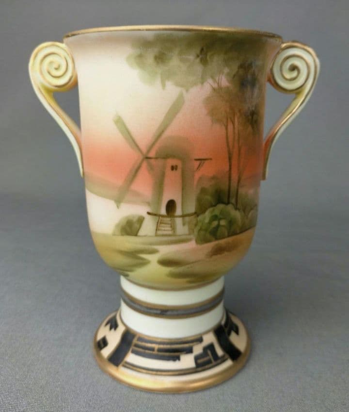 期間限定セール★オールドノリタケ オランダ 風車湖畔風景文 花瓶二耳壺