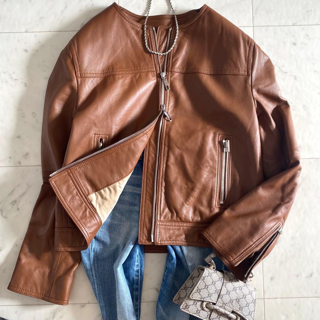 極美品 モラビト 本革ラムレザーノーカラージャケット ダブルファスナー 40