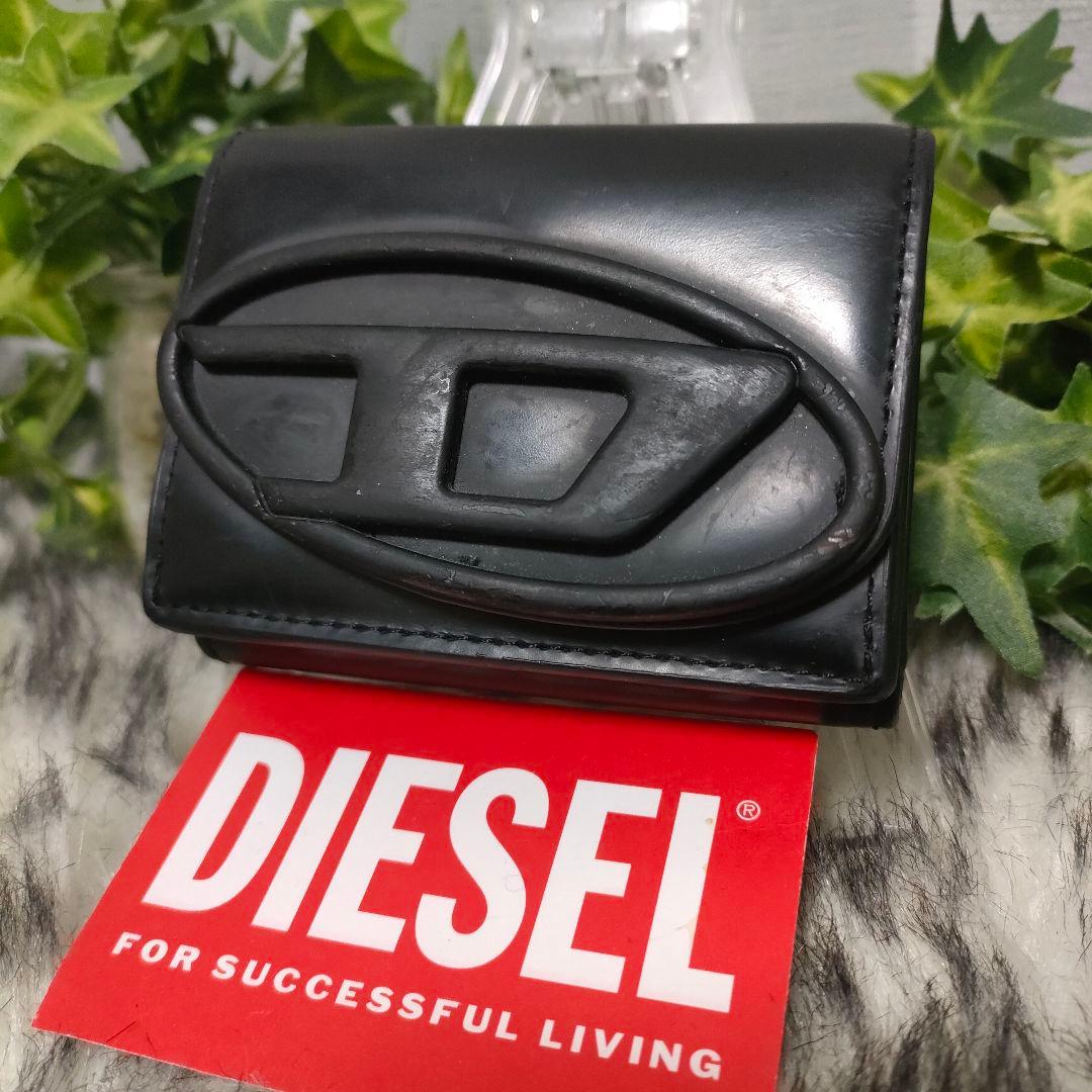 DIESEL 三つ折り財布 ブラック Dロゴ レザー ディーゼル 財布 黒革男女