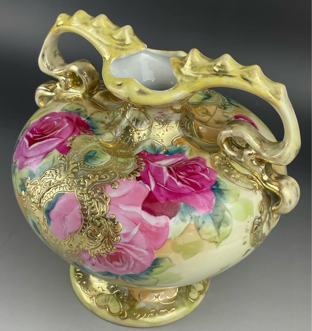 【大型】オールドニッポン 約２２cm アールヌーボー薔薇紋 花瓶 バラ