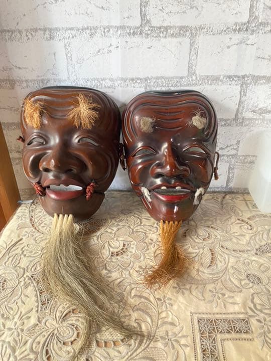 翁　お面　骨董　能面　神楽面 壁飾り 作者名彫りあり2枚