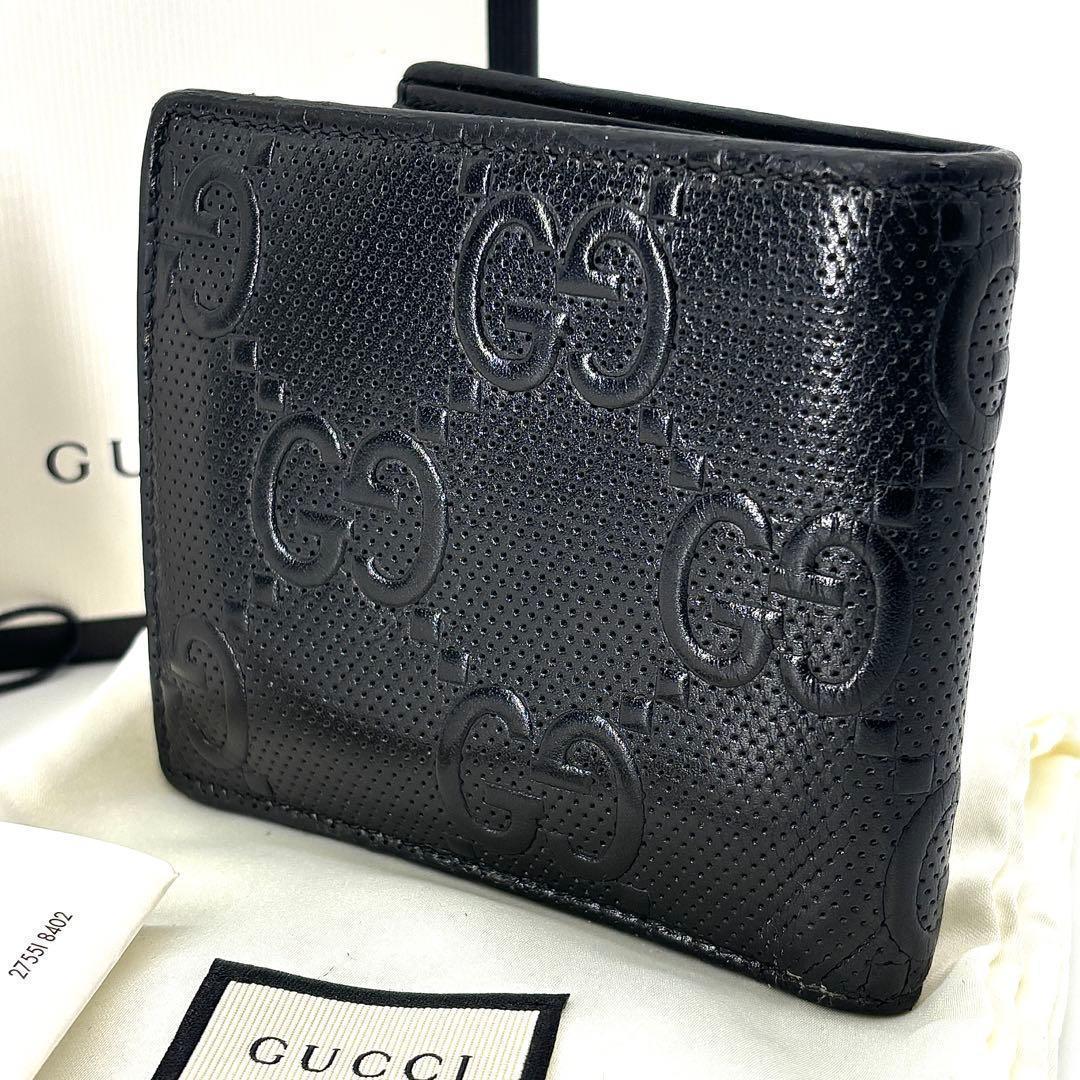極美✨付属完備✨GUCCI 二つ折り財布 シマ柄 レザー PVC ブラック 現行