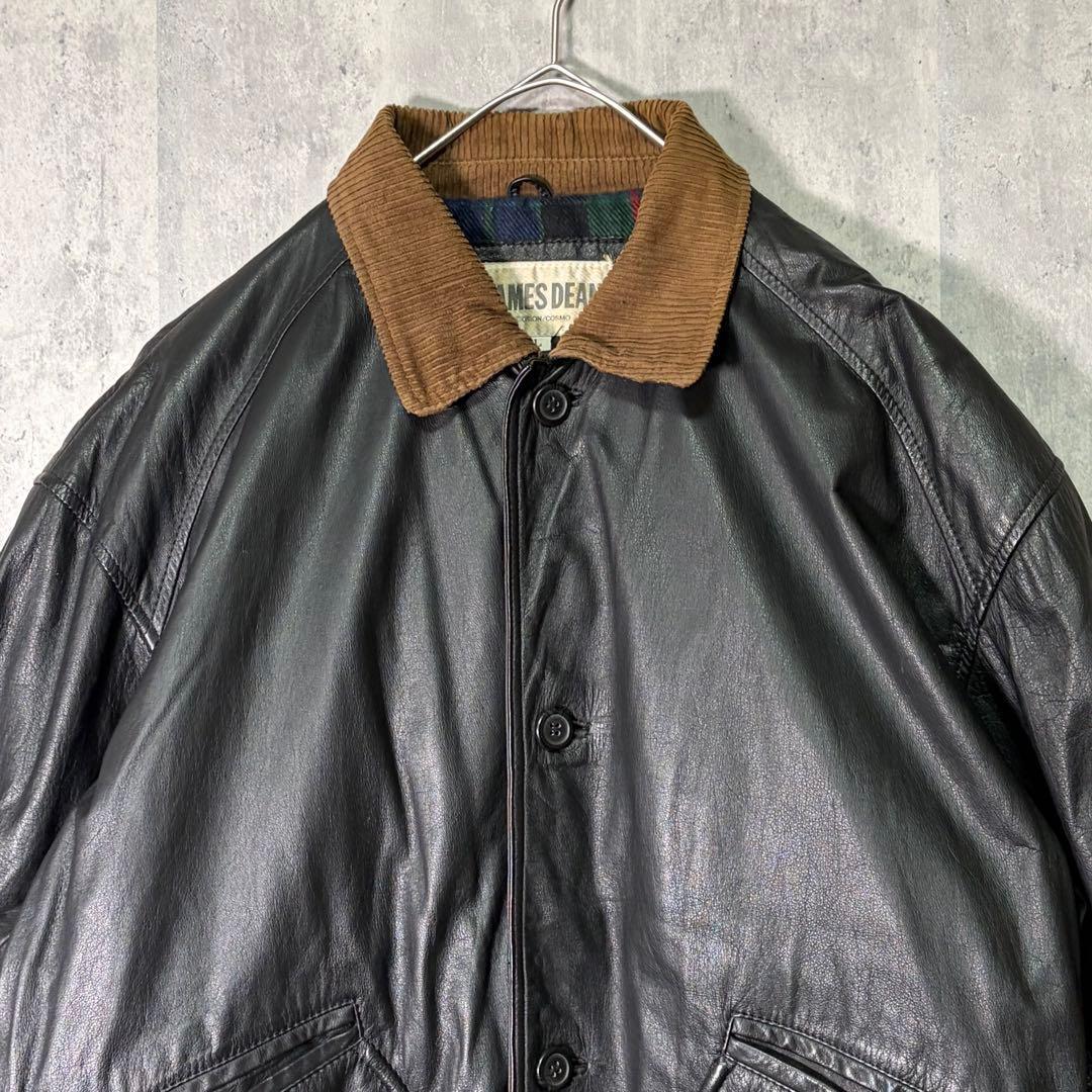 レザー トラッカー ジャケット 襟コーデュロイ 黒 本革 裏地チェック 中綿