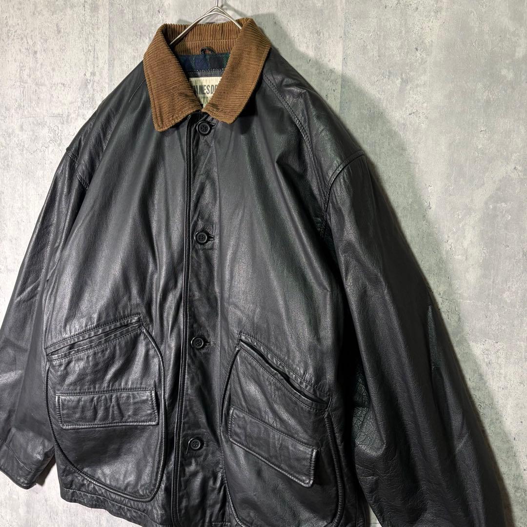 レザー トラッカー ジャケット 襟コーデュロイ 黒 本革 裏地チェック 中綿