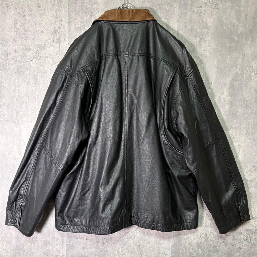 レザー トラッカー ジャケット 襟コーデュロイ 黒 本革 裏地チェック 中綿