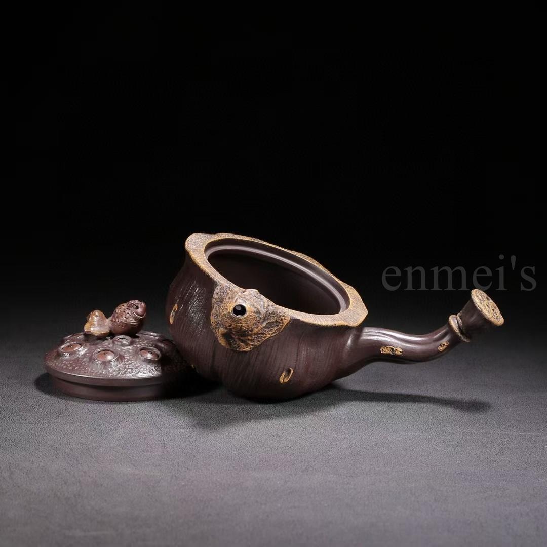 中国古美術・原鉱紫泥荷塘月色紫砂壺・底款：陳鳴遠・紫砂壺・急須・茶壺・茶道・置物