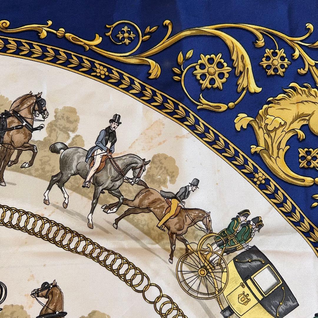 【HERMES】エルメス シルクスカーフ カレ90 ロングシャンの散歩 ブルー