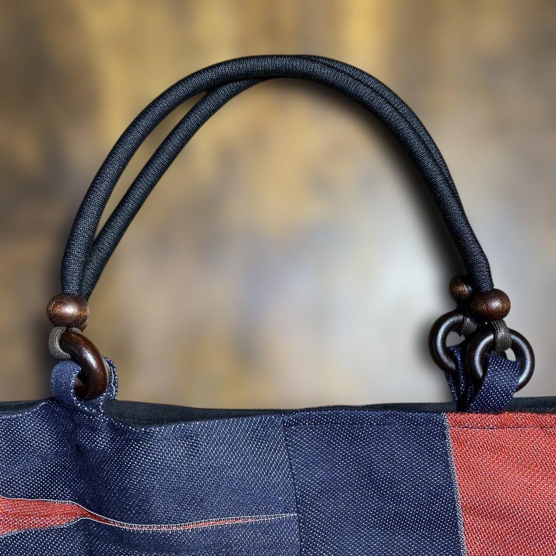 畳縁製ネイビーとレッドのストライプトートバッグ