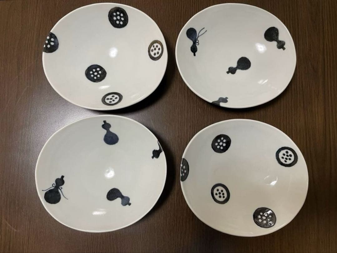 【徳永遊心】黒呉須　印判　きゅうり・ひょうたん　楕円浅鉢　4点セット