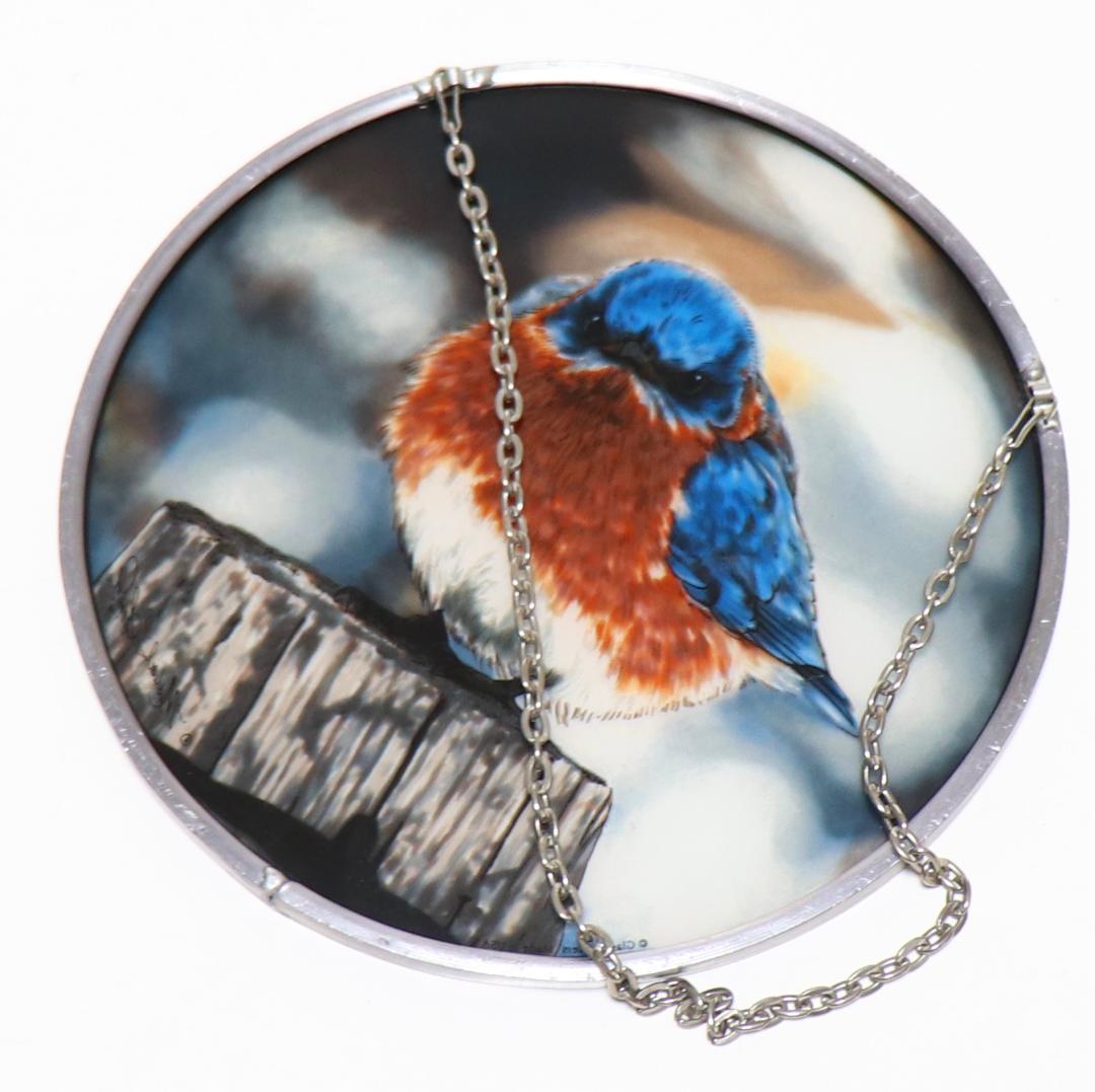 マイケル・スミス ヴィンテージ・ステンドグラス 丸太の上のルリツグミ