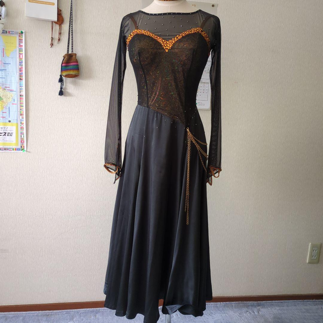 ma品 タカダンス 社交ダンス用黒ドレス 長袖 スパンコール&チョーカー付