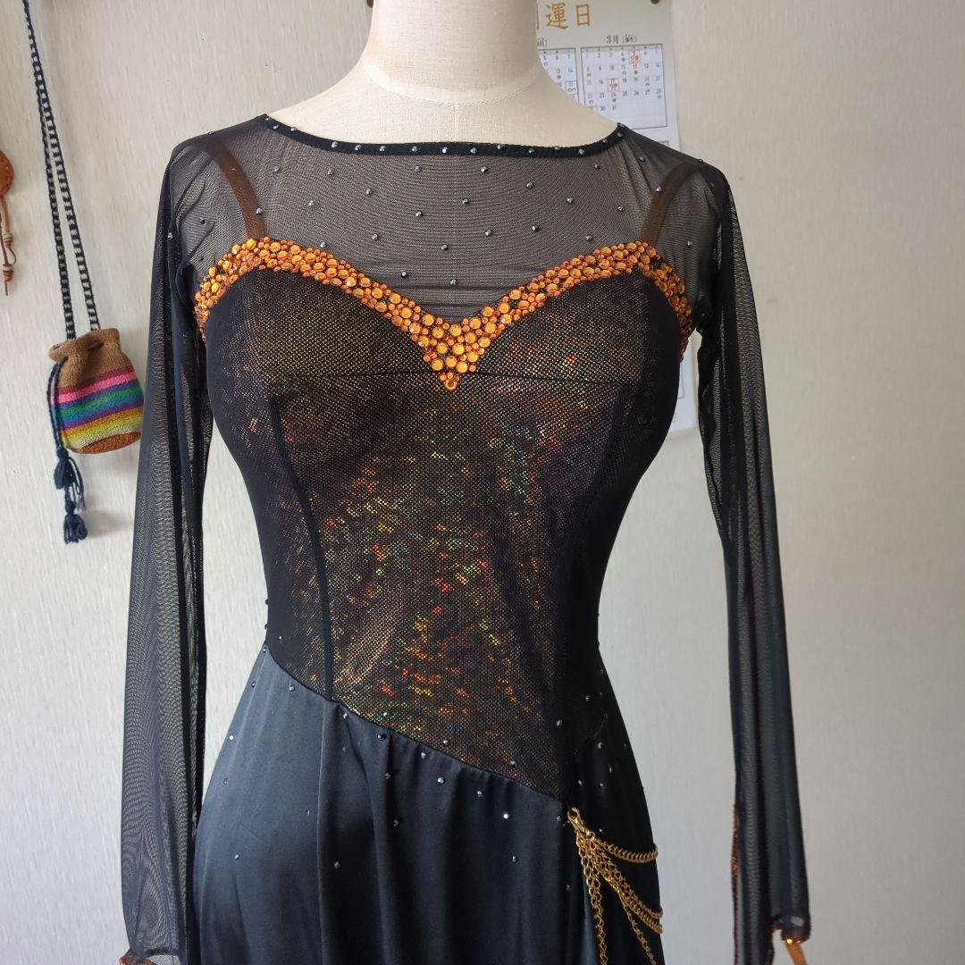 ma品 タカダンス 社交ダンス用黒ドレス 長袖 スパンコール&チョーカー付