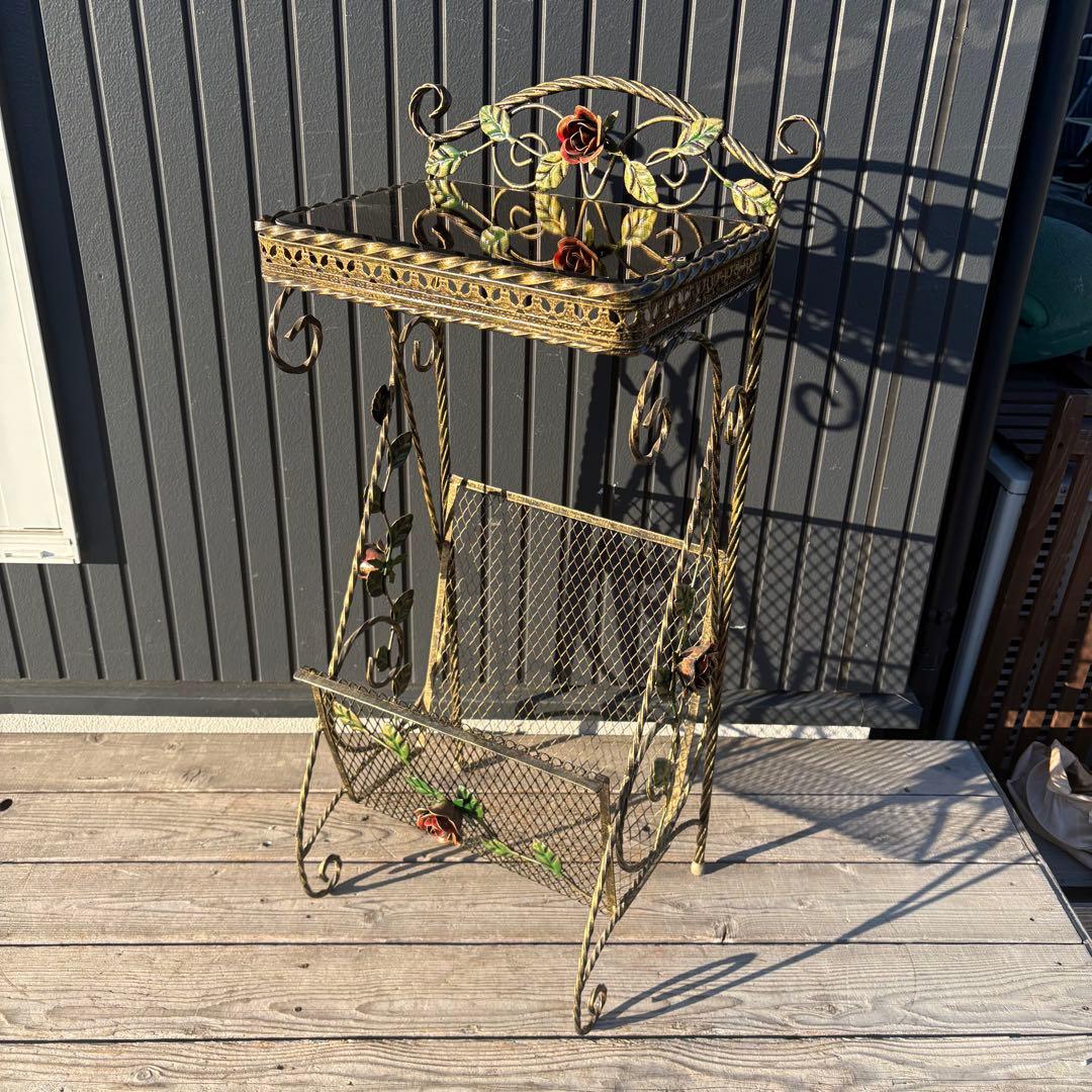 アンティーク調 アイアン サイドテーブル 花台 マガジンラック 薔薇装飾 ミラー