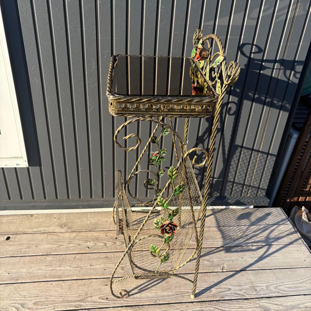 アンティーク調 アイアン サイドテーブル 花台 マガジンラック 薔薇装飾 ミラー