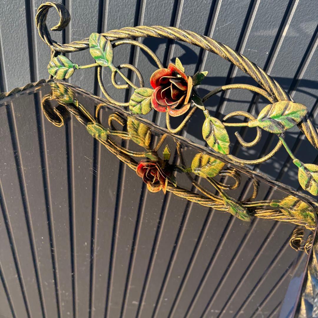 アンティーク調 アイアン サイドテーブル 花台 マガジンラック 薔薇装飾 ミラー