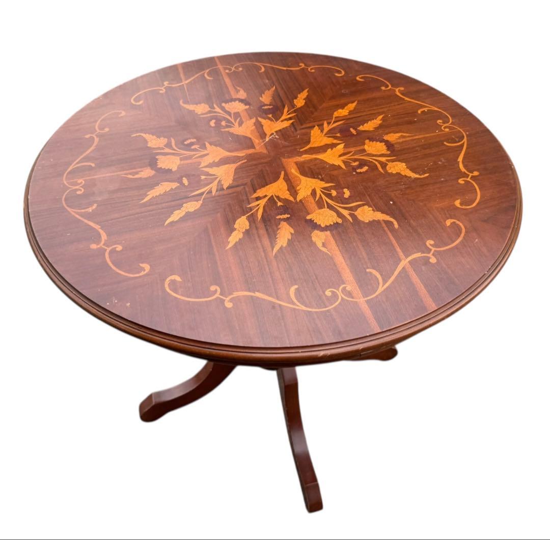 高級 イタリアアンティーク家具 象嵌細工 ダイニングテーブル80cm猫脚