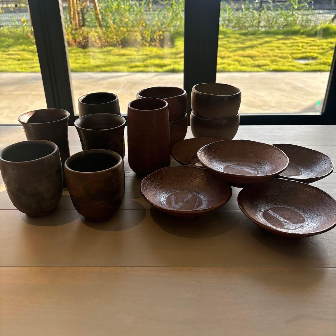 りんご姫　備前焼　皿と椀