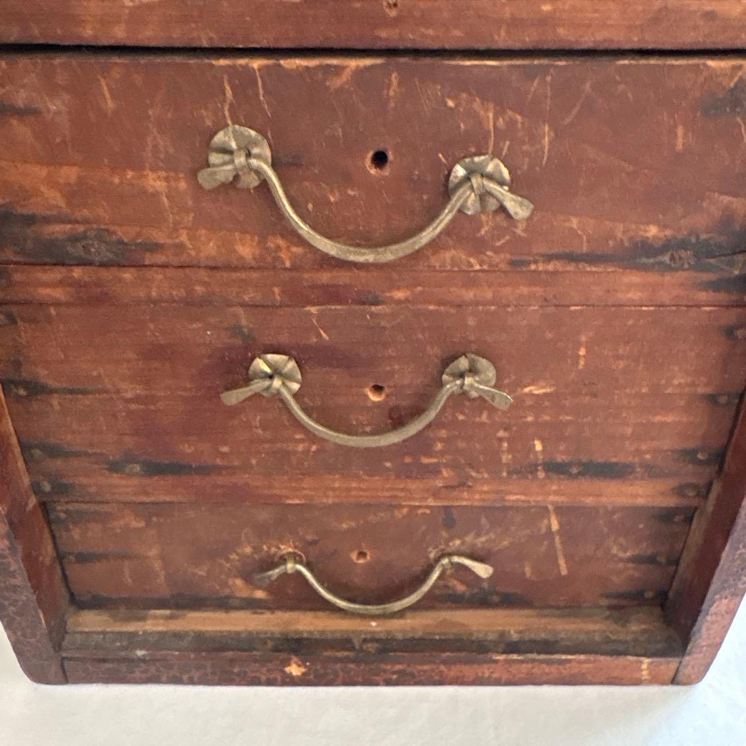 昭和レトロ 木製小引き出し 4段 持ち手付き 古道具 裁縫箱風 ヴィンテージ