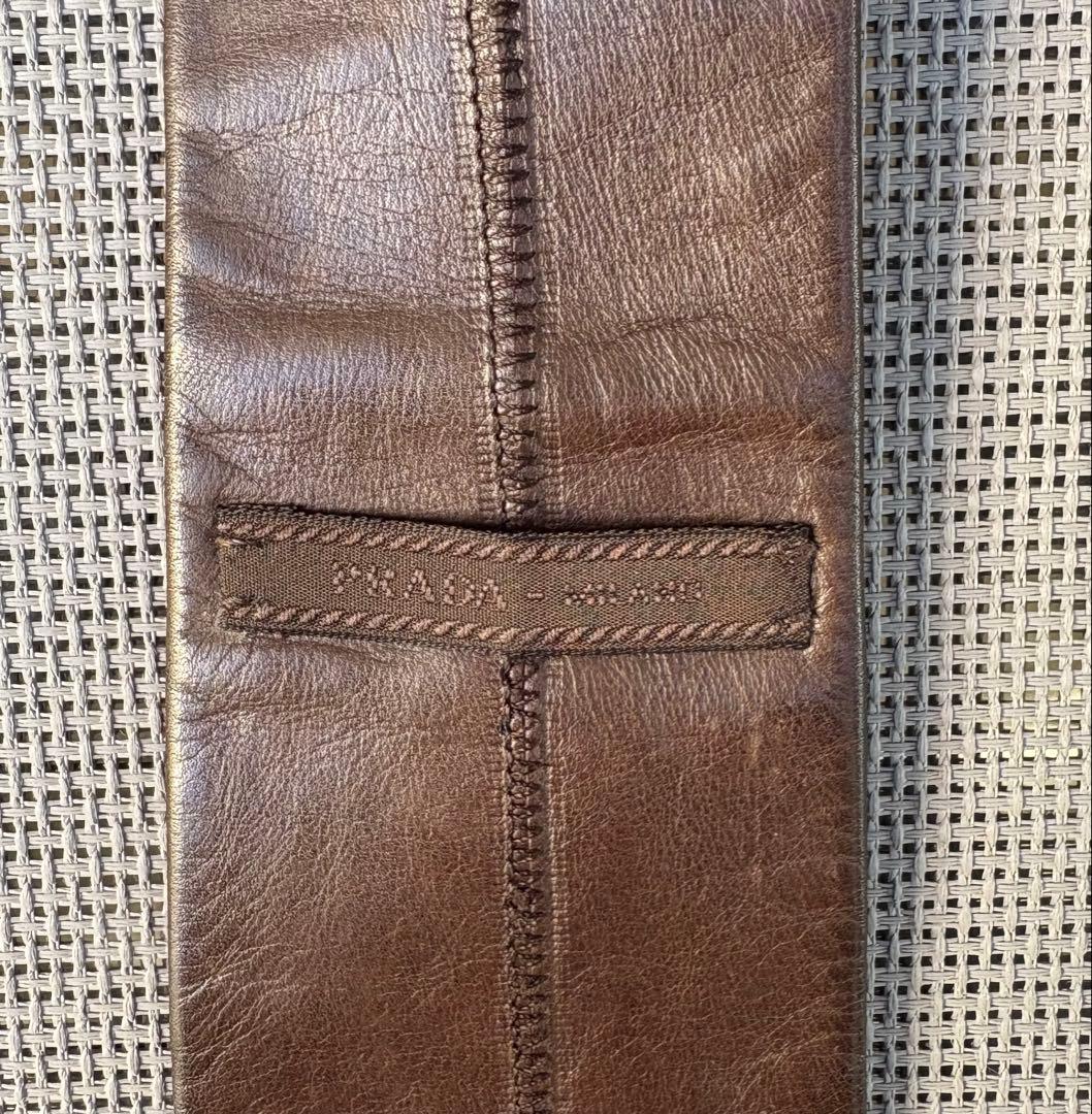 希少 PRADA プラダ　ダークブラウン レザー ナロー ネクタイ 本革