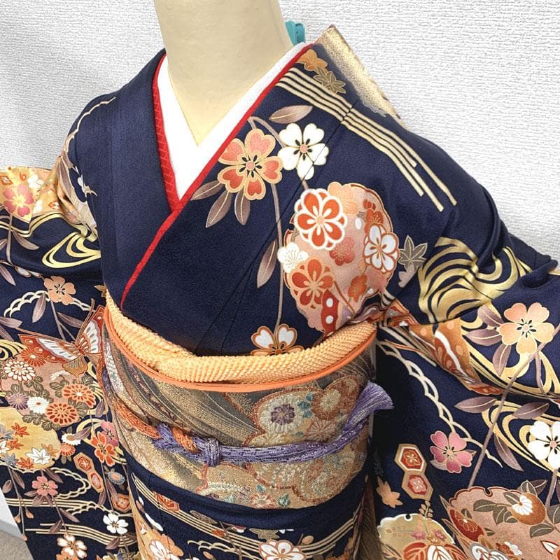 511z40,510u18,411y5,小物類〇振袖 金彩 金駒刺繍 濃紺色