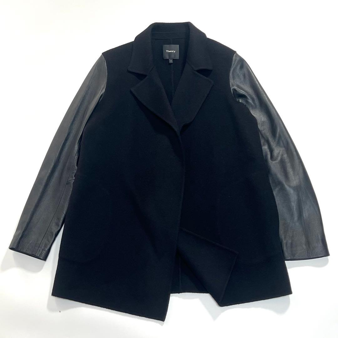 【美品】セオリー　チェスターコート　羊革切替　ウールカシミヤ　黒　S　コンビJK