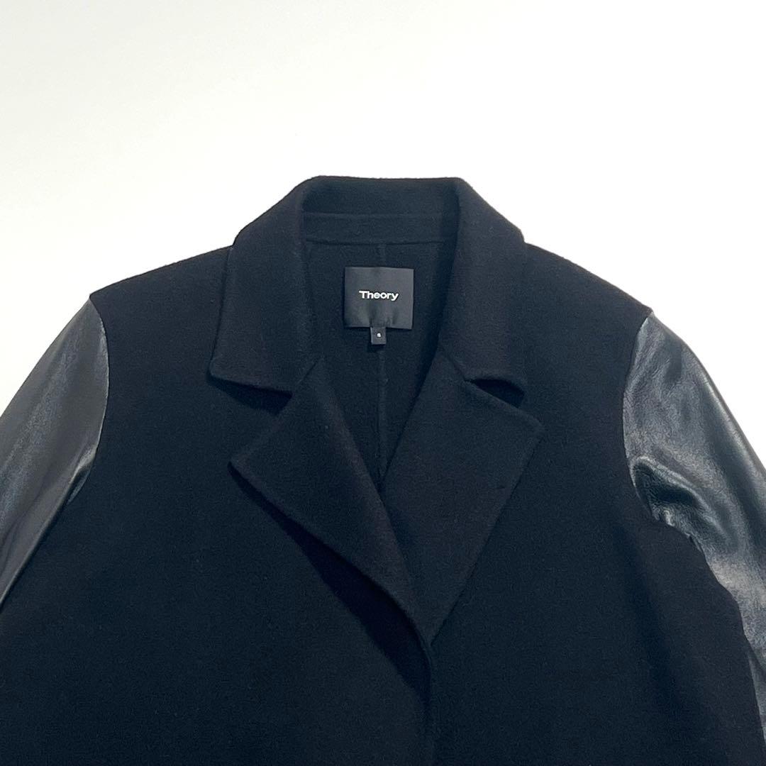 【美品】セオリー　チェスターコート　羊革切替　ウールカシミヤ　黒　S　コンビJK
