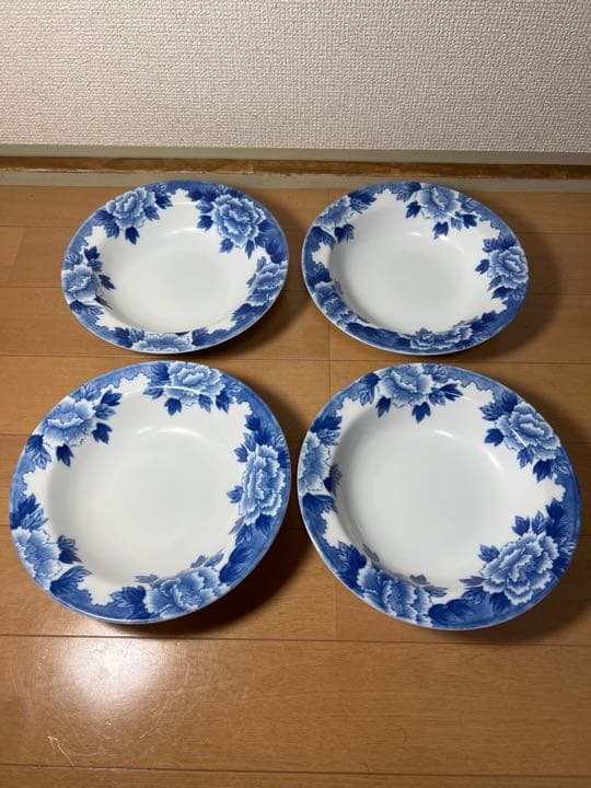 618 深川製磁　藍牡丹　深皿　4客　未使用