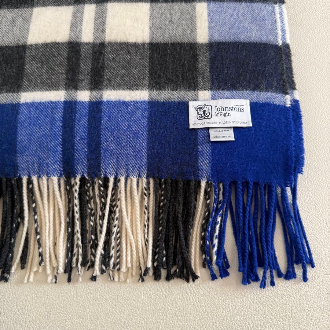 美品　ジョンストンズ　大判　ストール　マフラー　カシミヤ　ブルー　チェック
