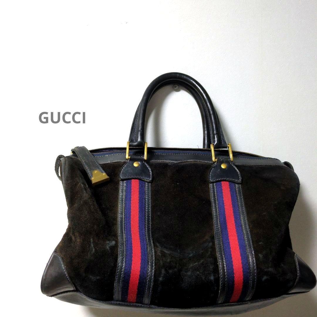 GUCCI グッチ ボストンバッグ スエード シェリーライン 黒　本革