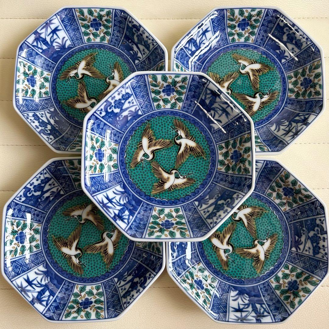 九谷焼　青郊窯　中皿揃　5枚セット　八角皿　染付花鳥　深皿　取り皿　和食器　青手