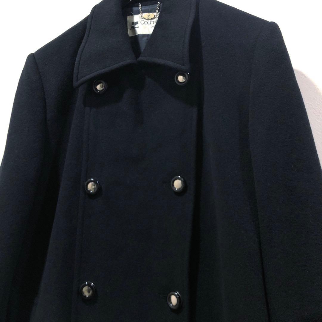 Courreges クレージュ 黒 ロングコート カシミヤ混 ダブルボタン