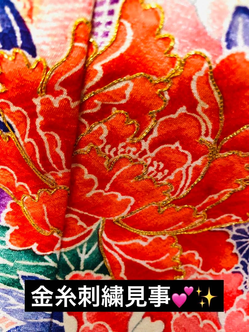 七五三7歳‼️豪華絞り柄風御所車牡丹花々金糸刺繍煌びやか全てついてる完全フルセット