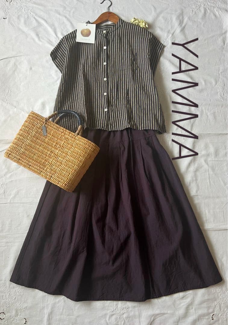 ＊新品＊ヤンマ産業　会津木綿　スタンドカラーシャツ 袖なし　プラス丈　棒縞