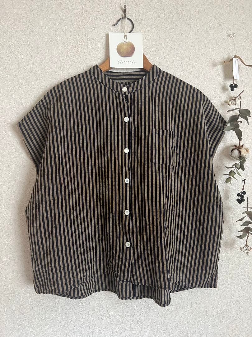 ＊新品＊ヤンマ産業　会津木綿　スタンドカラーシャツ 袖なし　プラス丈　棒縞