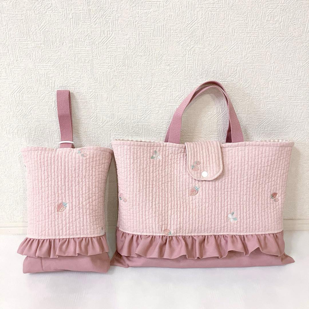 レッスンバッグ 上履き入れ　体操服袋✖️3 ヌビ　いちご刺繍
