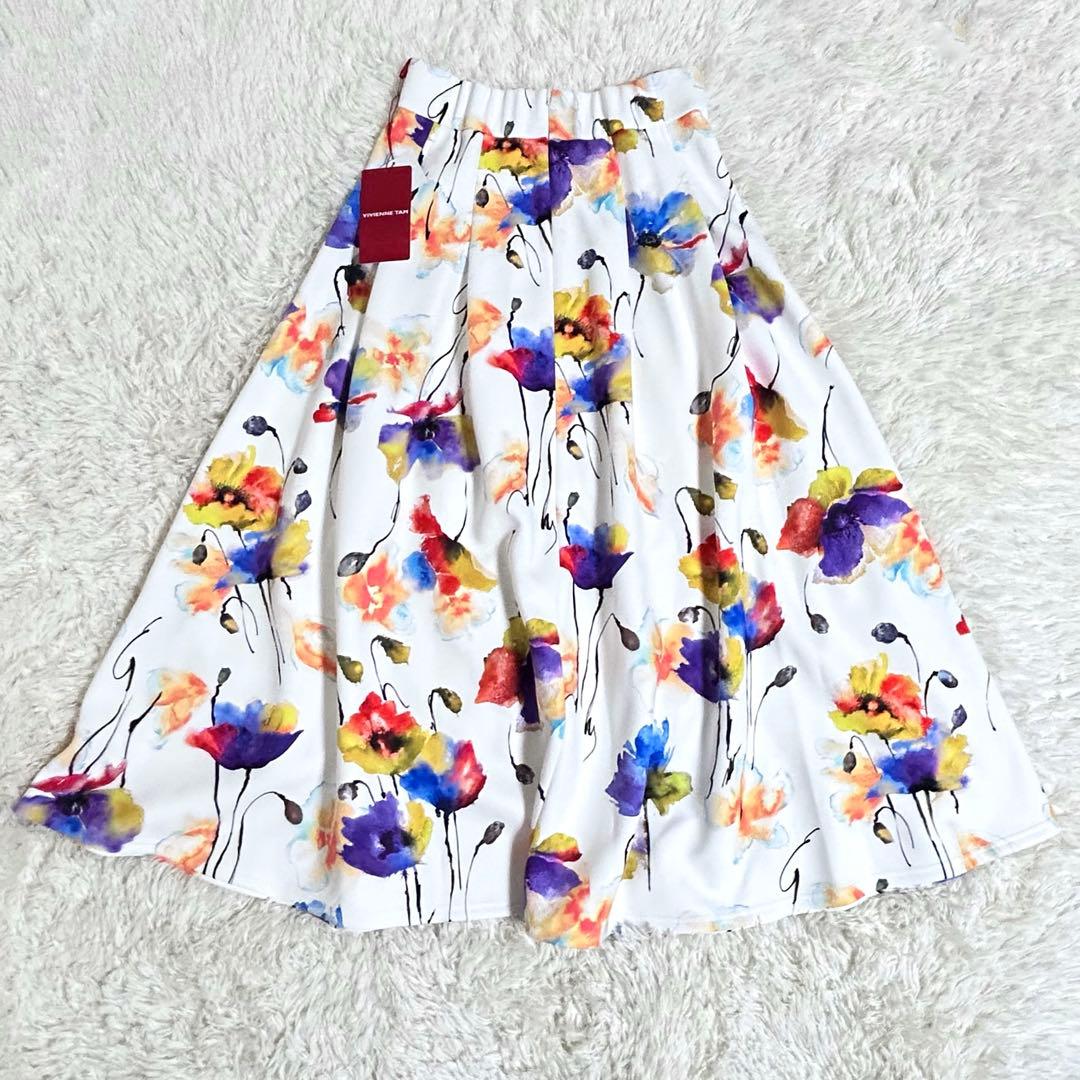 新品⭐️3.1万 ヴィヴィアンタム 水彩画 スカート 花柄 40 白 フレア 希少